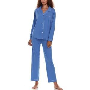 Flora Nikrooz L Annie Notch Pajama Set Pants & Long Sleeve Shirt Soft Knit Blue